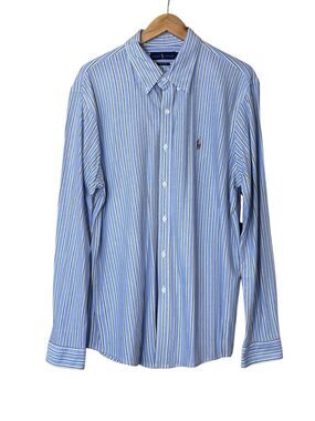 Ralph Lauren Knit Oxford Shirt Mens XXL Blue Striped Preppy 100% Cotton